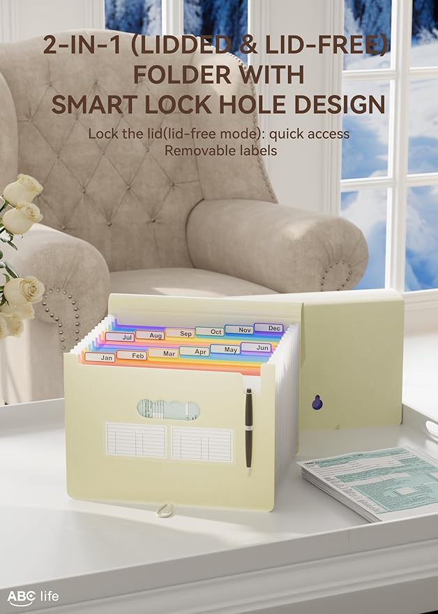 ABC life 12-Pocket Accordion File Organizer, Expandable File Folder with Colorful A-Z Tabs, Portable Bill & Receipt Organizer, Desktop Letter/A4 Paper Document Storage for Home & Office- Beige Color
