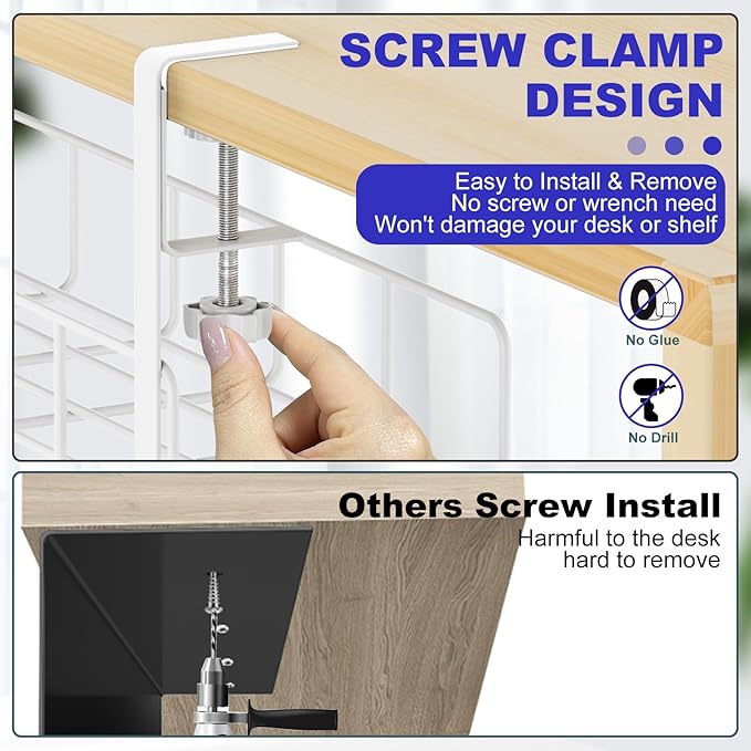 15.7” Under Desk Cable Management Tray, No Drill Heavy Duty Steel Standing Desk Cable Management, Wire Management Tray Cable Rack with Clamp Mount, Adjustable Metal Under Desk Tray (White, 1 Pack)