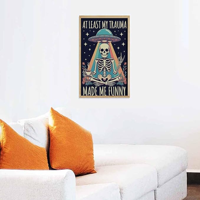 KIVJMSIDJA 5D Diamond Art Kits for Adults Skull Skeleton “At Least My Trauma Made Me Funny” Full Drill DIY Diamond Art for Home Wall Decor 12"x20"