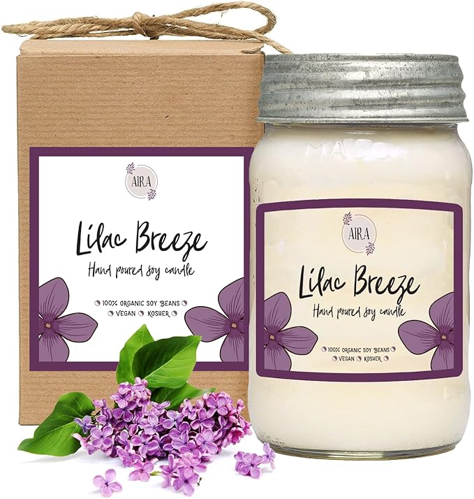 Aira Soy Candles - Organic, Kosher, Vegan, in Mason Jar w/Therapeutic Grade Essential Oils - Hand-Poured 100% Soy Candle Wax - Paraffin Free Burns 110+ Hours - Spring Candle Lilac Breeze - 16 Ounces