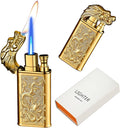 Torch Lighter Magic Dual Flame Dragon Lighter, Windproof Adjustable Jet Flame and Soft Flame, Refillable Butane Torch Lighter for Candle, Kitchen, Camping, BBQ (Without Butane)-Gold