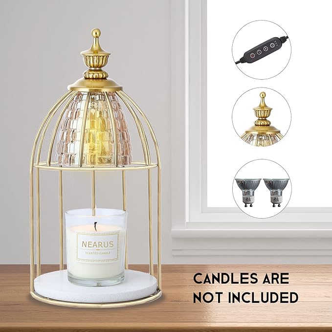 Candle Warmer Lamp, Auto Shut Off and Brightness Heat Level Control with Timer and Dimmable Switch, Top-Down Candle Melting with Marble Base and 2 Bulbs(Gold)
