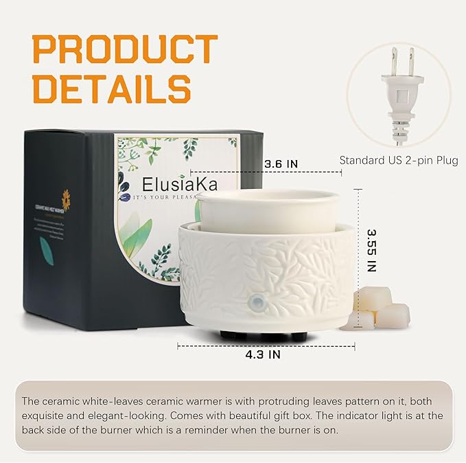 ElusiaKa Wax Melt Warmer 3-in-1 Electric, Ceramic Wax Burner for Scented Wax, Scented Wax Melter & Essential Oil Burner for Home Aromatherapy, White