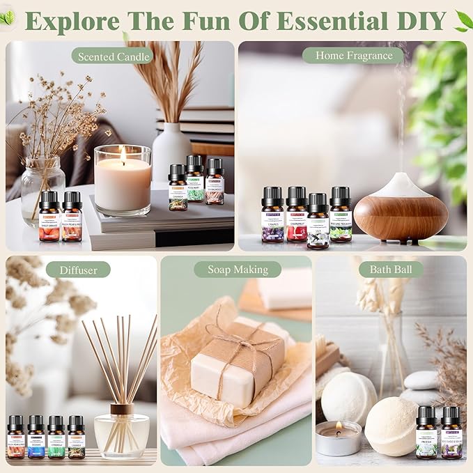 24 Pcs Essential Oil Set for Diffuser 10ml Each Fragrance Oil for Candle Making, Soap Making, Aromatherapy, Humidifiers (Fresh)