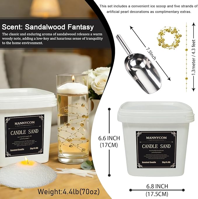 4lb Snowy Sandalwood Haze Scented Pearled Candl-MANNYCOM Long Lasting Burning Powder Wax-Refillable Sand Wax with 120 Wicks & Stirring Spoon Ice Scoop for Candles Making Kits