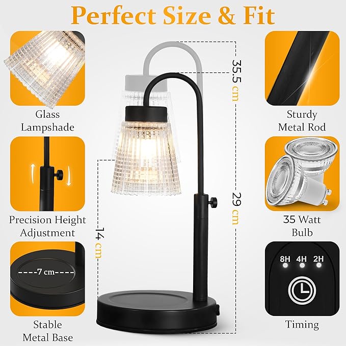 Black Candle Warmer Lamp with Timer – 4 Level Dimmable Wax Melter, Adjustable Height Electric Candle Light Warmer | Modern Minimalist Flameless Candle Lamp for Home Décor & Jar Candles