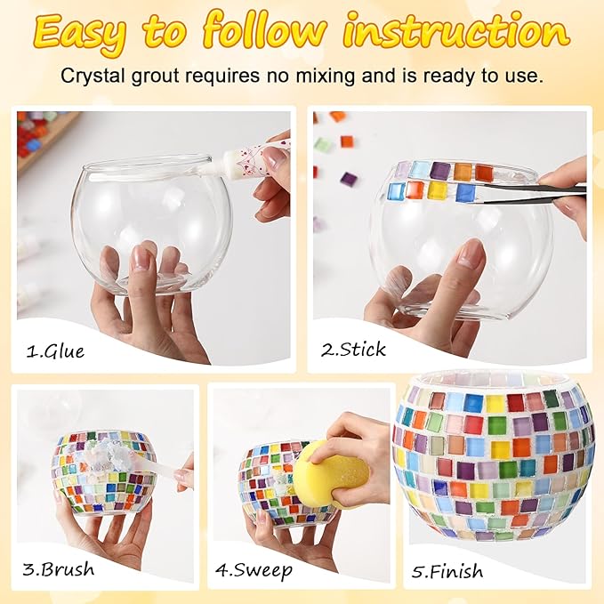 Remerry 2 Set Glass Mosaic Candle Holder Kit with Lights DIY Mosaic Arts and Crafts Gifts Decorative Handmade Flower Glass Vase Tealight Holder for Adults Home Lighting Decor