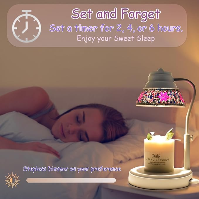 Electric Candle Warmer Lamp with Colorful Diamond Lampshade, Metal Wax Melting Lattern with Timer and Dimmer, Adjustable Height Candle Melting Lamp Home Decor (White Purple)