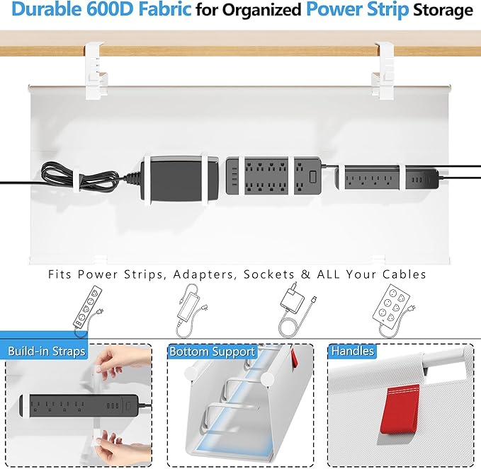 Litwaro Under Desk Cable Management Tray No Drill, 40.6" Cord Organizer with Clamp for Standing Desk, Premium Fabric Cable Tray with Wire Management for Office Home, White