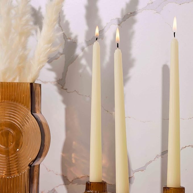 Bask 10-inch Taper Candles - Unscented and Dripless - Burns for 8 Hours - Home Decor for Dinner Table, Kitchen, and Bedroom - Perfect for a Romantic Date or Anniversary - 12-Pack - Ivory