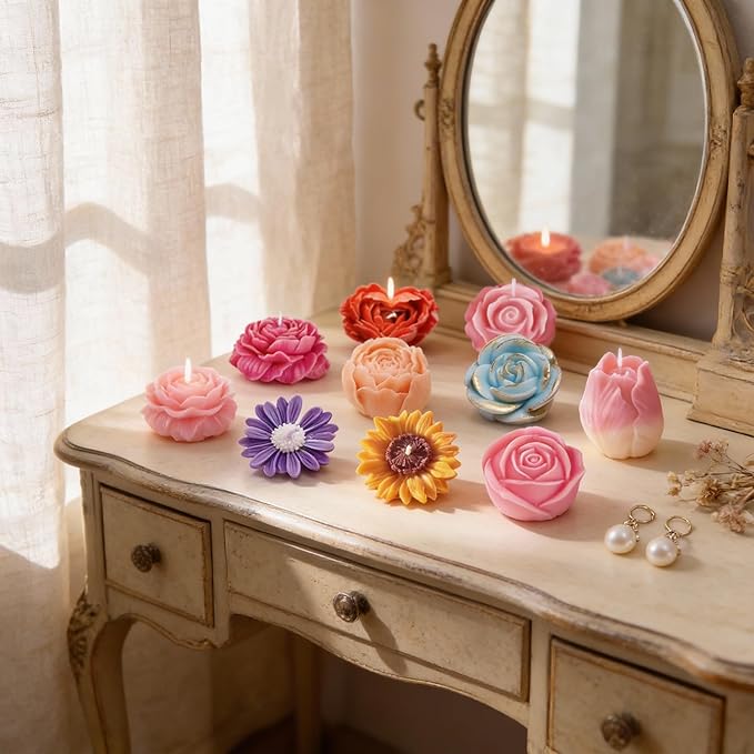9 PCS Flower Candle Resin Molds,3D Heart Rose Tulip Daisy Peony Silicone Molds for Candle Soap Chocolate Making Valentine Mother Day Silicone Mold Rosas Silicona para Velas