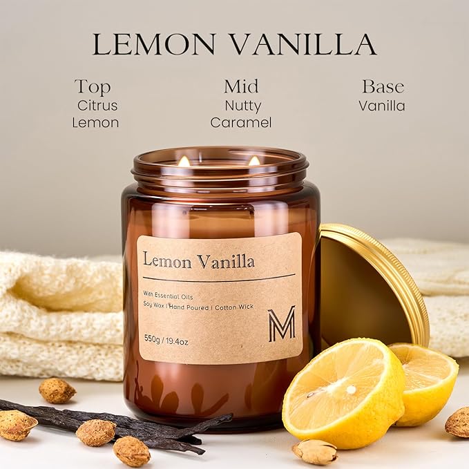M&SENSE Lemon Vanilla Scented Christmas Candle Gift | 19.4oz, 115-Hour Burn | Natural Organic Soy Wax | Long-Lasting for Stress Relief and Gifting | for Christmas, Thanksgiving, Holiday