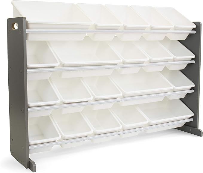 Humble Crew Extra-Large Toy Organizer with 20 Plastic Bins – Grey/White Storage Rack with 4-Tier Shelves, Anti-Tip Safety, for Kids’ Rooms, Playrooms, Nurseries & Classrooms