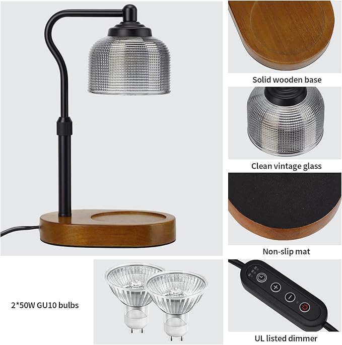 Black Wood Candle Warmer with Timer,Farmhouse Glass Candle Melting Lamp,Adjustable Height Electric Wax Melt Warmer with 2 Bulbs,Remote,Dimmable for Home Decor,Gift for Her