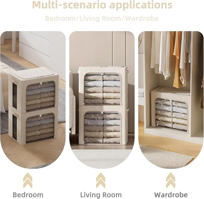 FHSQX 2 Pack Clear Window Storage Bins - Large Stackable Linen Fabric Storage for Clothes Foldable Container Organizer Set with Carrying Handles (Beige, 16.5x 12.2x 12.2Inch)