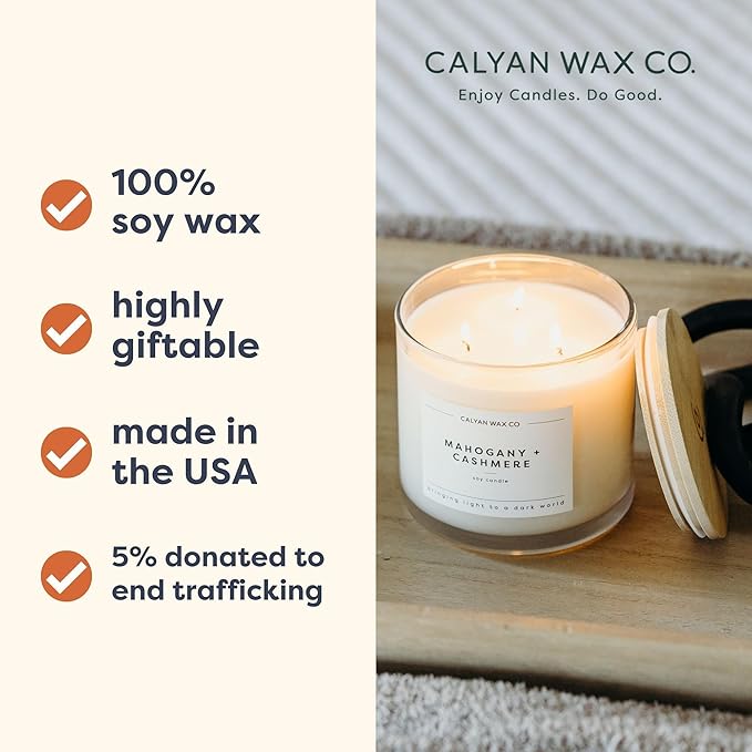 Calyan Wax Co. Vetiver & Tonka 3 Wick Scented Candle - 43 Hour Burn - Luxury 3 Wick Soy Candles - Non Toxic Soy Wax Candles - Long Lasting Large Glass Jar Candle for Home - 14.9oz
