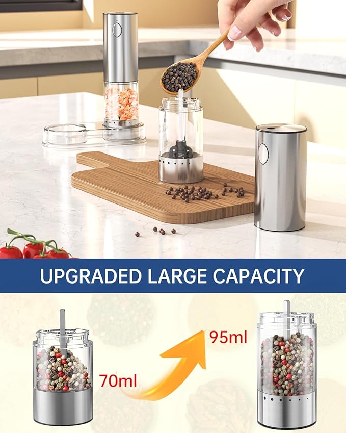 CIRCLE JOY Electric Salt and Pepper Grinder Set Rechargeable Stainless Steel Salt and Pepper Shakers with LED Light and Storage Base, External Adjustable Coarseness for Hygienic Easy Use
