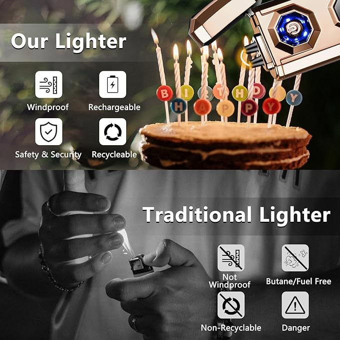 SKRFIRE Electric Rechargeable USB C Arc Plasma Lighter High Power Flame Cool Windproof Electronic Candle Lighters with LED Flashlight for Candle, Firework, Incense (Gold)