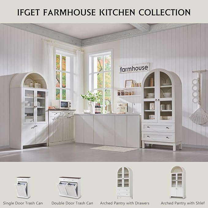 71" Tall Arched Kitchen Pantry Cabinet, Modern Farmhouse Kitchen Storage Cabinets with Open & Adjustable Shelves, Hidden Drawer & Glass Door, Versatile Cupboard for Kitchens, Dining Room, White