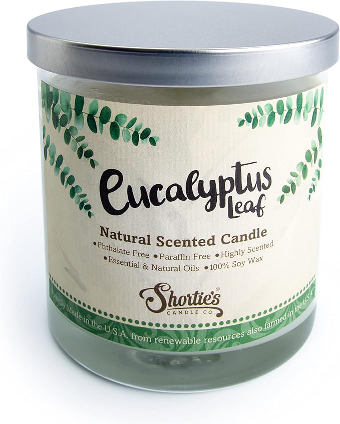 Eucalyptus Leaf Scented Natural Soy Candle, Essential Fragrance Oils, 100% Soy, Phthalate & Paraben Free, Clean Burning, 9 Oz.