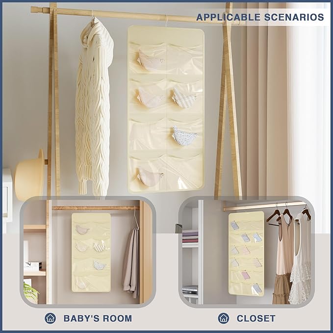 Hanging Closet Underwear Organizer, 28-Pockets Dual-Sided Storage for Socks, Bras, and Leggings Lingerie and Kids’ Clothing, Beige