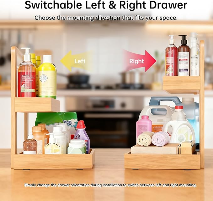 2-Tier Under Sink Pull Out Organizer, Bamboo Cabinet Storage Shelf with Adjustable Height, Slide Out for Kitchen Bathroom Pantry Cabinet