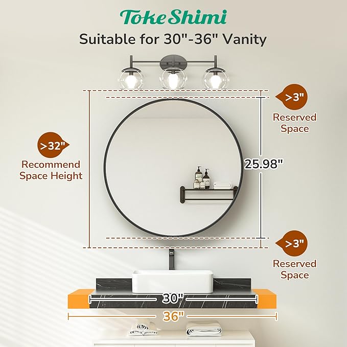 TokeShimi 26x26 Round Medicine Cabinet for Bathroom,Black Circle Bathroom Medicine Cabinet with Mirror,Surface Mount Only Detachable Shelves Circular Vanity Shatterproof Mirror with Storage