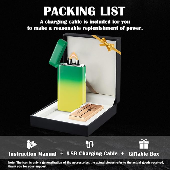 Electric Lighter Rechargeable Arc Lighter USB C Electronic Plasma Lighters Metal Chargeable Lighters with LED Dazzling Power Display Design for Outdoor, Camping, BBQ (YellowGreen)