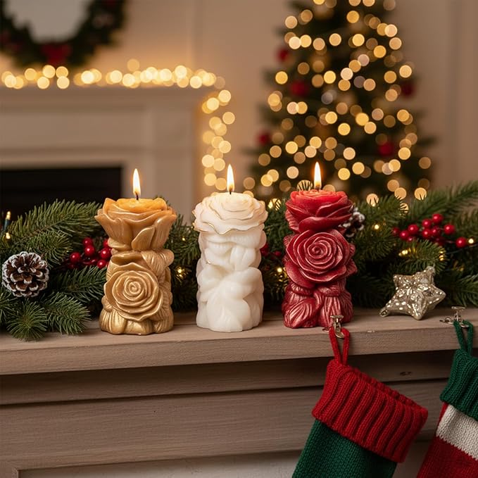 3 PCS Rose Pillar Candle Molds Silicone, 3D Flower Shape for Epoxy Resin, Concrete, Wax - DIY Craft Making Kit for Unique Wedding Gift, Home Decor, Valentine's Day
