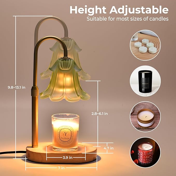 Candle Warmer Lamp with Timer Dimmable, Wax Melt Warmer Adjustable Height, Flower Warmer Lamp with 2 Bulbs for Jar Candles, House Warming New Home Decor, Gift for Mom Women (Green)