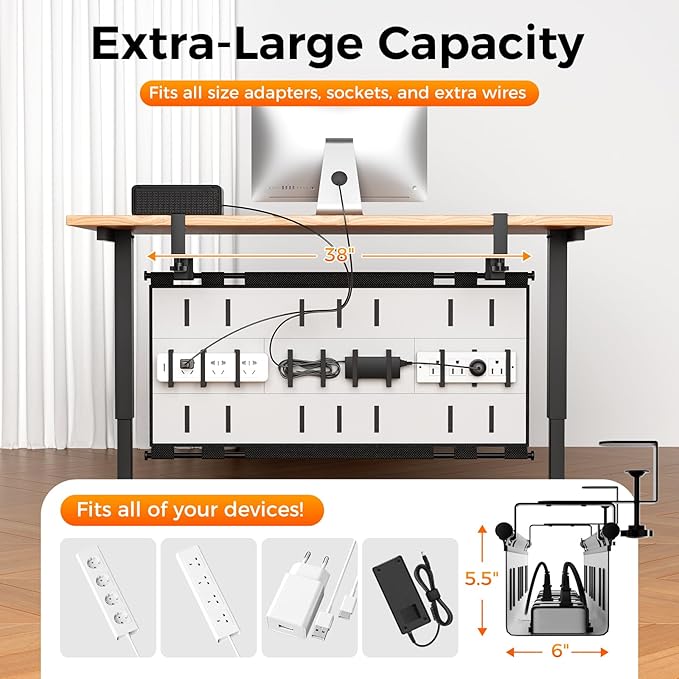 Cable Management Tray Under Desk, 38" No Drill Cable Organizer with Clamp/Screw Mount,Wire Cord Organizer for Table, Cable Tray for Office, Home