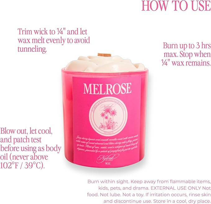 Body Oil Massage Candle | Melts into Skin Softening Warm Massage Oil - Natural Wood Wick - Soy & Coconut Wax – Cherry & Vanilla with Rose Scents - Self Care Gift (Melrose 14oz)