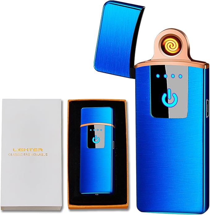 Electronic Lighter, Windproof USB Rechargeable Slim Coil Electric Lighters with Smart Fingerprint Sensor Double Side Ignition,Creative Power Indicator Flameless Boyfriends Gifts(Blue)