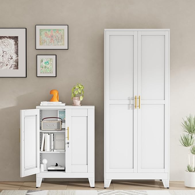 White Metal Storage Cabinet, 36" Tall Locking Storage Cabinet with 2 Adjustable Shelves, Steel Locker Organizer, for Office, Home, School, 11.81" D x 23.62" W x 35.83" H, 2PS