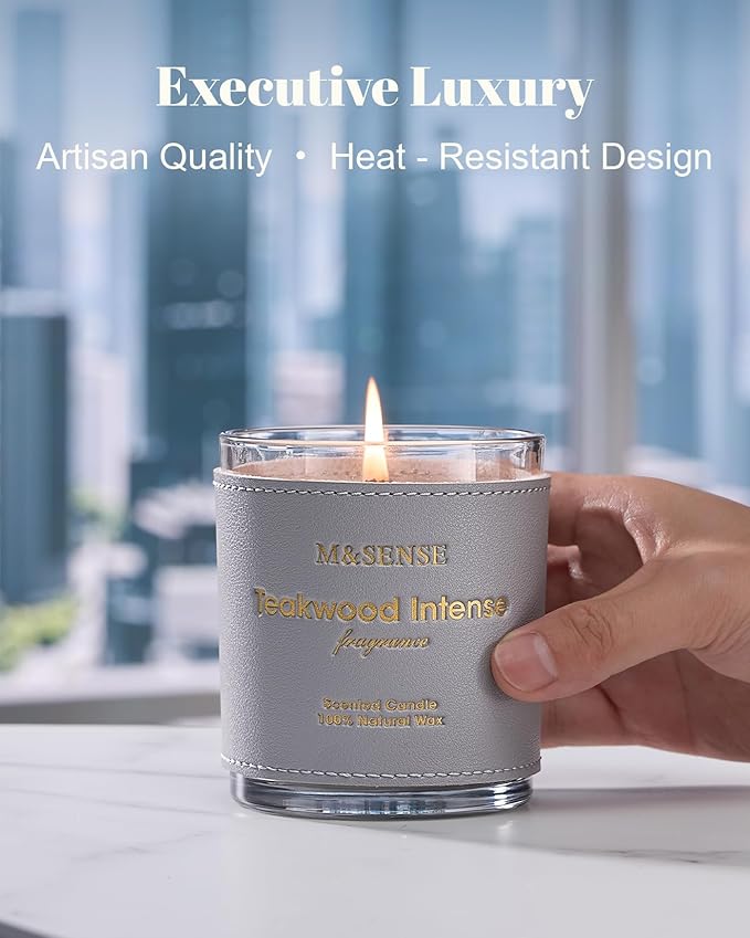 M&SENSE Teakwood Scented Soy Candles, Vegan Non Toxic 10oz 42-Hour Clean Burn, Relaxing Aromatherapy Candle for Stress Relief, Spa, Meditation, Men Valentines Candle Gifts for Him