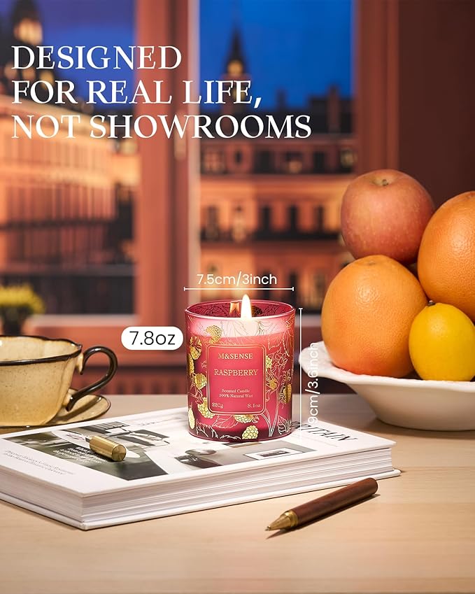 M&SENSE Raspberry Scented Vegan Soy Candles, No Toxin Refreshing Fragrance, 8.1oz 42-Hour Long Burning, Stress Relief Summer Home Candles, Housewarming Gift for Men & Women