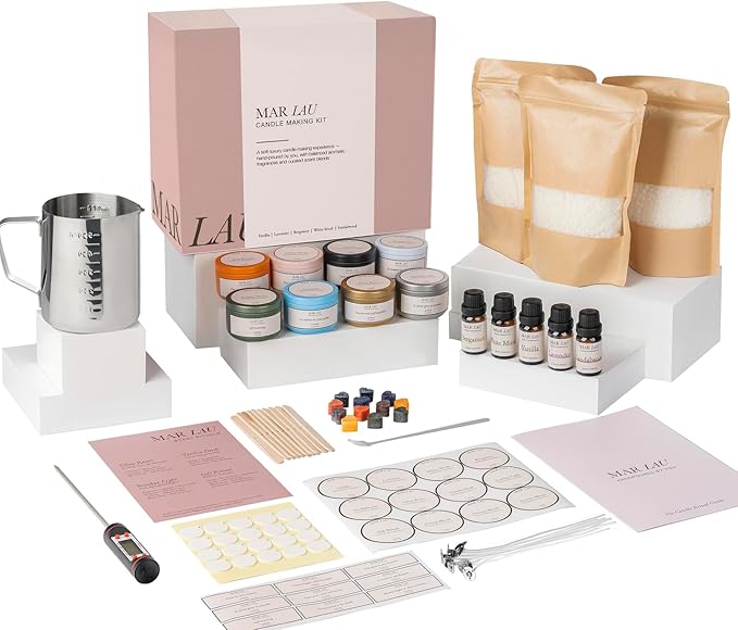 Mar Lau Luxe Soy Candle Making Kit for Adults – Complete Candle Making Supplies with Wax Melting Pot, Candle Wax for Candle Making, Craft Kits for Adults Women, Spa Fragrance Oils, Metal Tins & Tools