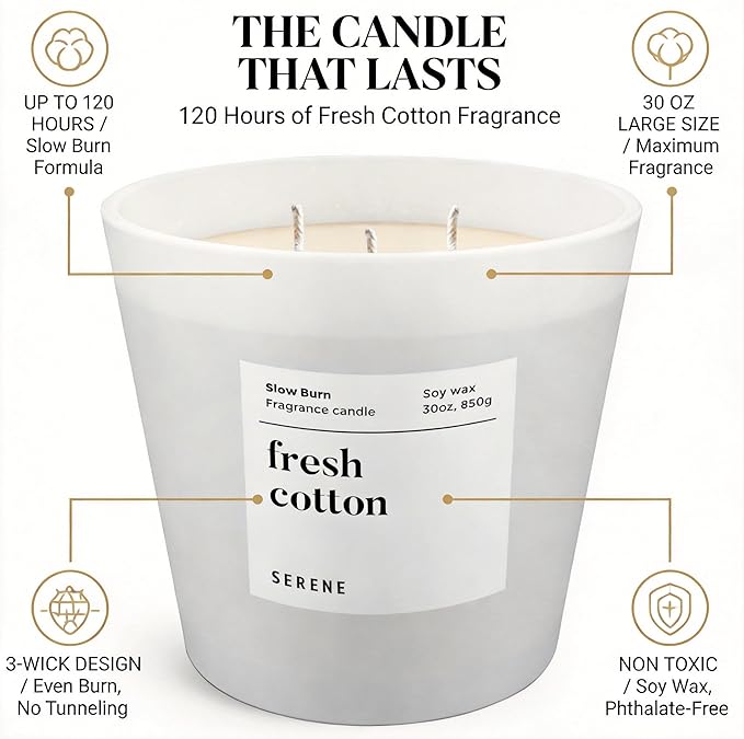 Hidden Label Fresh Cotton Scented Candle, Non Toxic 30oz Large 3-Wick Soy Wax Candle, Up to 120 Hours Long Burning, Clean Cotton Home Fragrance for Bedroom, Relaxation & Housewarming Gift