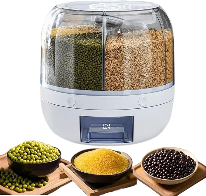 Rotating Dry Storage 6 Grid Cereal Storage Container Dispenser Countertop, Grain Organizer and Dispenser Round 360 Food Rotating Dispenser for Store Rice, Red Beans, Yellow Beans