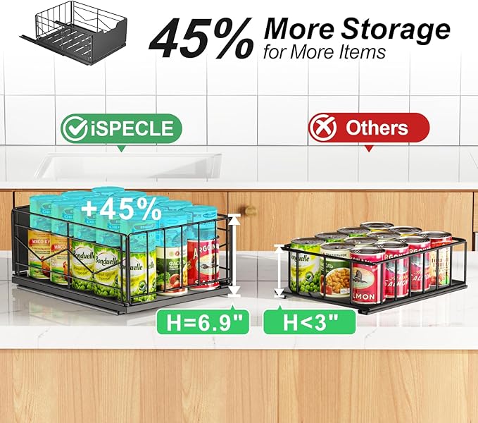 iSPECLE Pull Out Cabinet Drawer - For (12" - 36") Wide Cabinet, No Drilling Ideal for Renter, Easy Slide Out Access Items No More Digging, Large Capacity Store More for Kitchen Pantry Bathroom, 1 Pack