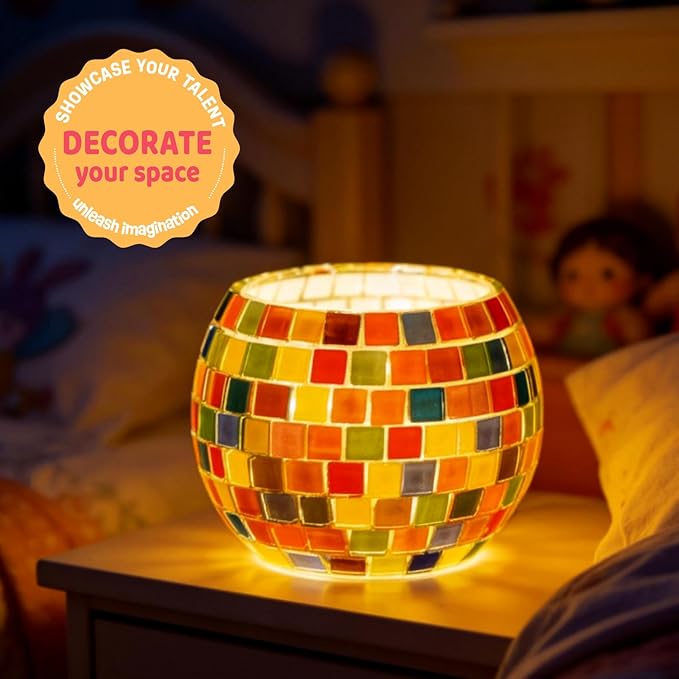 ONE TO FOUR Kids Craft Kit Mosaic Stained Glass Candle Holder - DIY Arts and Crafts for Kids Ages 8-12 & Adults, Turkish Night Light Making Kit, Ideal Home Decor Gift for Birthdays, Easter
