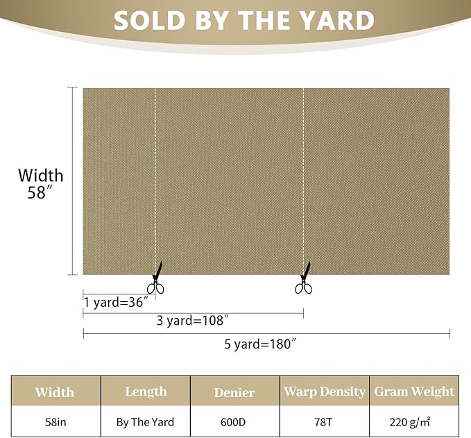 Waterproof Canvas Fabric by The Yard 58inch 600D Upholstery Material Polyester Fabric Outdoor Water Resistant Fabric for Sewing Chair Patio Cushion Purse Bag Interior, Pre Cut 2 Yard Khaki