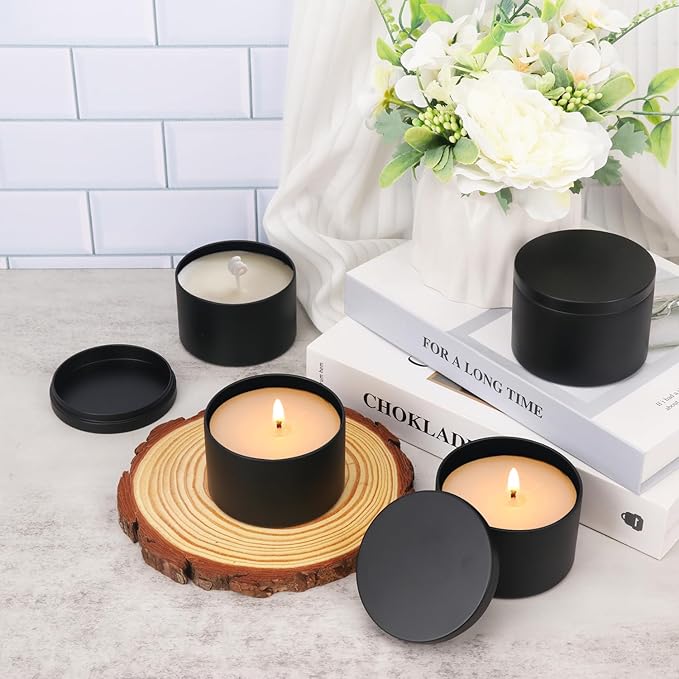 48 Pack 8 oz Black Metal Candle Tins with Lids, Round Bulk Metal Candle Jar, Matte Finish for DIY Candle Making and Storage