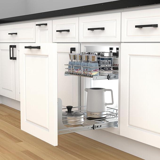 2 Tier Pull Out Cabinet Organizer, 26" W x 21" D Heavy-Duty Metal Sliding Drawer Shelf for Kitchen Cabinets, Chrome, Doesn't Include Door Fittings