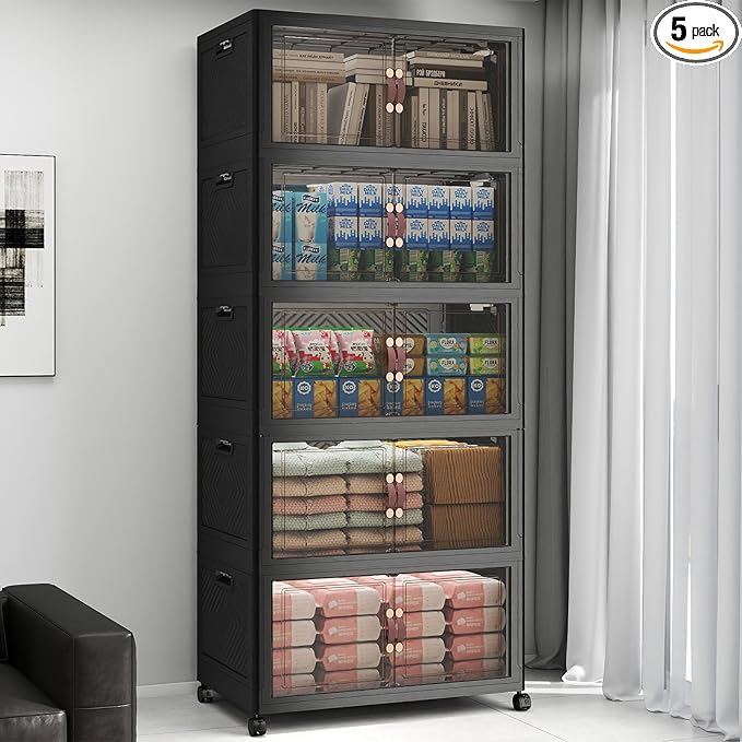 UAMFURI Stackable Storage Bins with Lids, 600QT Closet Organizers, Lockable Storage Cabinet, Foldable Storage Box with Doors and Wheels, Plastic Drawers for Home, Garage, Office (5, Black, Large)