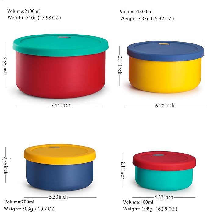 KSENDALO Silicone Food Storage Containers with Lids 4-Piece Set, Airtight Food Storage Containers 400mL-2.1L Stackable Bento Boxes for Meal Prep, Fruit & Food Storage Bowls, Multicolor