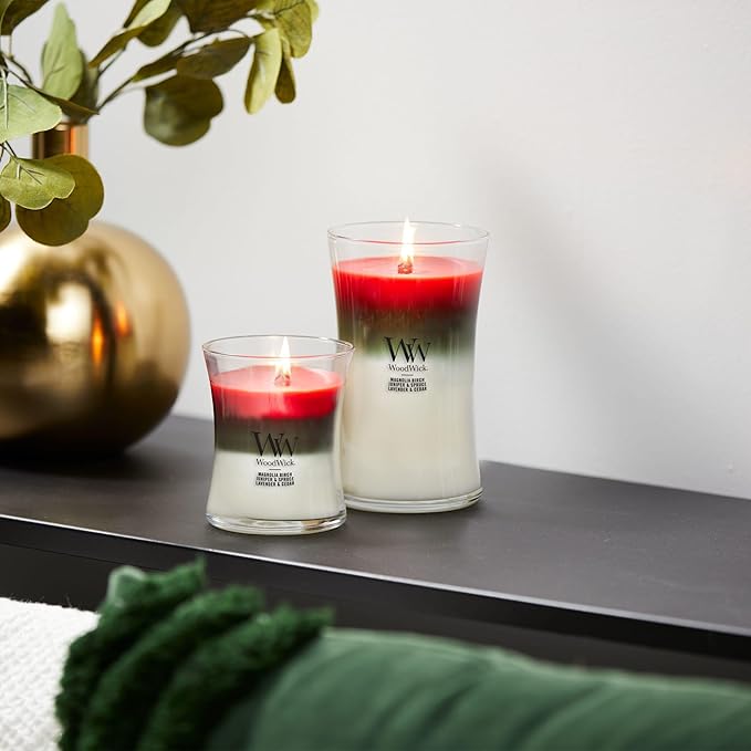 WoodWick Winter Garland Trilogy Holiday Candle Gifts for Women and Men, 9.7 oz Medium Hourglass Trilogy Candle with Crackling Wick