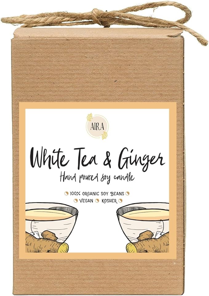 Aira Soy Candles - Organic, Kosher, Vegan, in Mason Jar w/Therapeutic Grade Essential Oil Blends - Hand-Poured 100% Soy Candle Wax - Paraffin Free, Burns 110+ Hours - White Tea & Ginger -16 Ounces