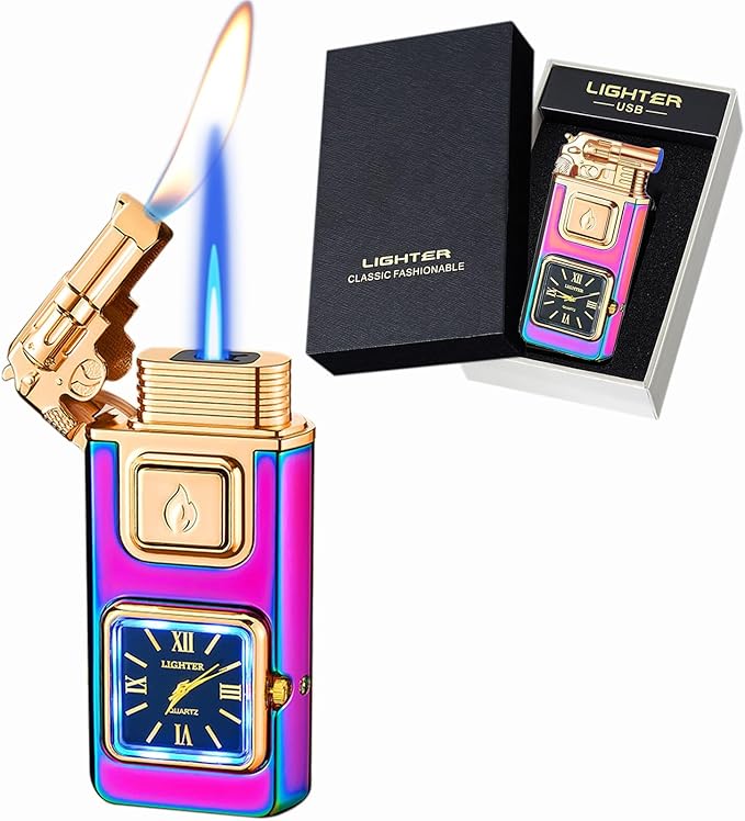 Torch Lighter, Smart Voice-Control Magic Dual Flame Dragon Lighter, Windproof with Visible Fuel Tank, Adjustable Flame Refillable Butane Lighters for Men Friends Gifts (Without Butane)-Rainbow-g
