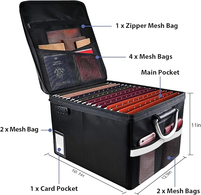 TOMKID Fireproof Document Box, Fireproof File Box with Lids, Important Document Organizer Box with Lock, Portable File Folder Organizer with Handle